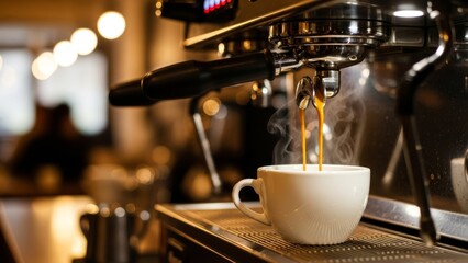 Freshly Brewed Espresso Coffee Stream Pouring into a White Mug in a Coffee