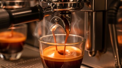 Close-up of espresso being brewed through an industrial coffee machine