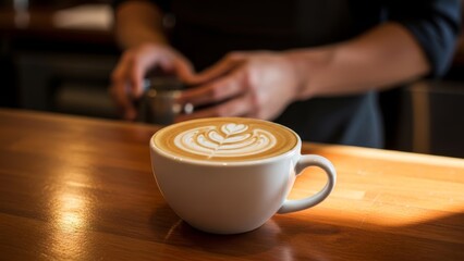 Close-up of a beautifully crafted latte art in a cozy coffee shop setting