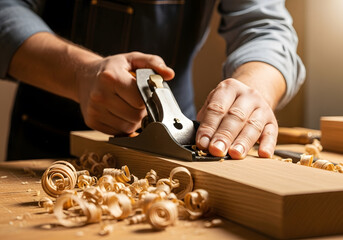 Closeup of a craftsmans hands skillfully using a hand plane to smooth a piece of wood, creating delicate wood shavings that curl on the workbench in a warm, focused workshop setting