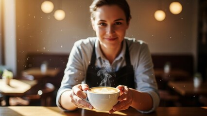 friendly barista presenting a warm, freshly brewed coffee cup in cozy cafe