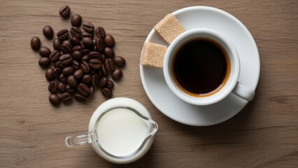 Freshly brewed black coffee served with sugar cubes and milk on a wooden surface