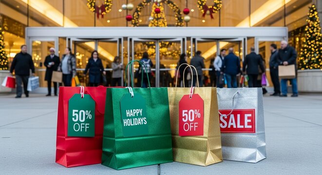 Shopping bags featuring holiday sales tags diverse crowds entering busy urban mall festive season vibe