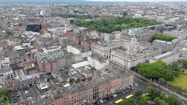 Aerial view of the National Gallery and Leinster House, the Government Building in Dublin, Ireland.