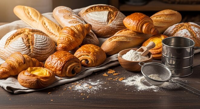 Rustic bakery table displaying fresh bread pastries flour dust authentic baking atmosphere detail