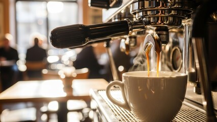 Close-up of espresso machine brewing a fresh cup of coffee in a cozy caf?