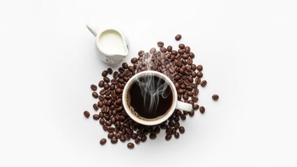 Aromatic black coffee surrounded by roasted coffee beans with milk and steam