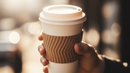 Close-up of a person holding a takeaway coffee cup on a sunny day with bokeh