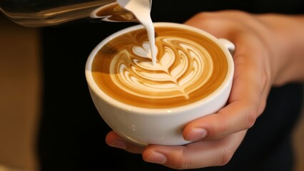 artistic coffee latte with intricate heart-shaped foam design and creamy pouring