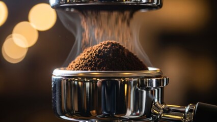 close-up view of freshly ground coffee beans falling into a shiny steel coffee