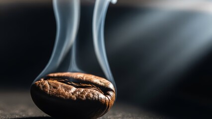 Close-up of aromatic roasted coffee bean with steam rising in a warm inviting
