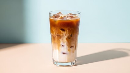 refreshing iced coffee beverage with milk and ice cubes on a pastel background