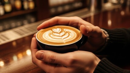 Close-up of a person holding a beautifully crafted latte with heart-shaped