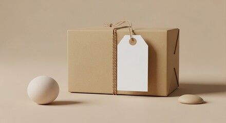 Kraft packaging mockup with attached paper tag string positioned perfectly on neutral minimal background
