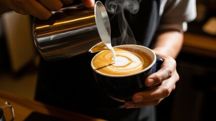 Artisan Barista Creating Creamy Latte Art in a Cozy Coffee Shop