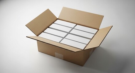 Cardboard box opened revealing organized folded business cards positioned on clean neutral background