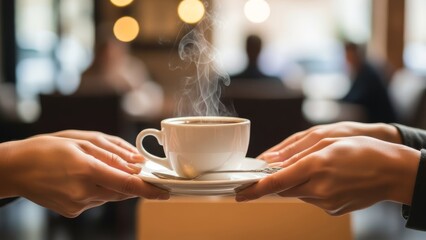 warm cordial exchange of steaming coffee between two friends in cozy cafe