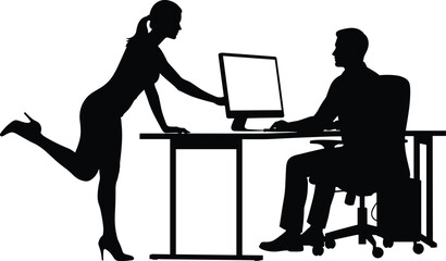 Silhouette of office interaction, black vector illustration, professional setting, desk computer use, collaboration gesture, workplace communication