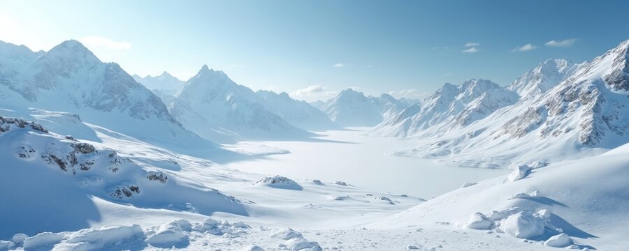 Vast snowy mountain range under clear blue sky. Frozen lake or valley lies between tall peaks. Winter landscape offers serenity and space for text. - Powered by Adobe