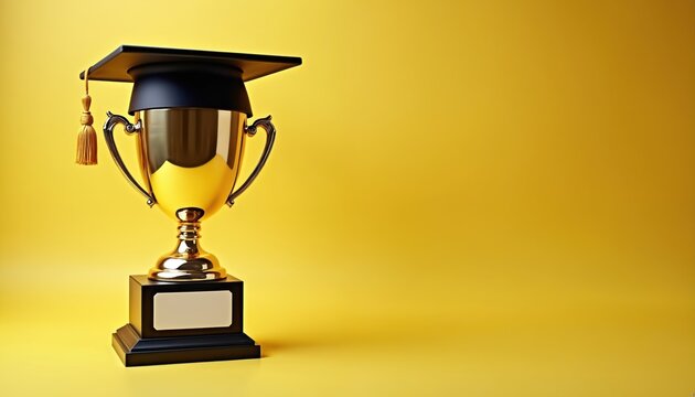 Golden trophy with graduation cap sits on black base. Represents academic success award and college achievement. Perfect for graduation ceremonies and educational recognition.