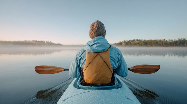 Person kayaking on lake at sunset.