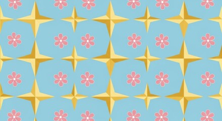 Obraz premium Retro floral and geometric pattern with stars and pink flowers on blue backdrop reminiscent of