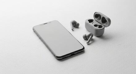 Minimalist smartphone and wireless earphones arranged neatly on white textured surface modern tech setup