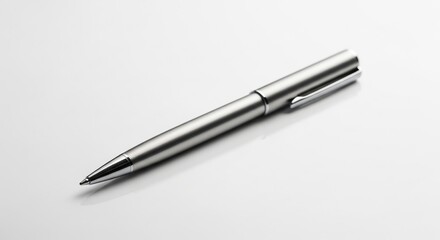 Sleek minimalist metallic pen with black ink positioned elegantly on white clean background surface design