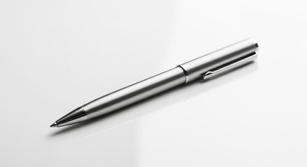Minimalist metallic pen filled with smooth black ink resting perfectly on pristine white clean background