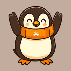 Happy cartoon penguin with an orange scarf stretches arms