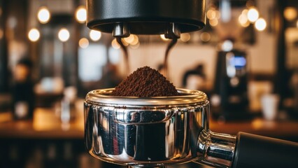 Close-up of freshly ground coffee beans fresh from an espresso machine in a