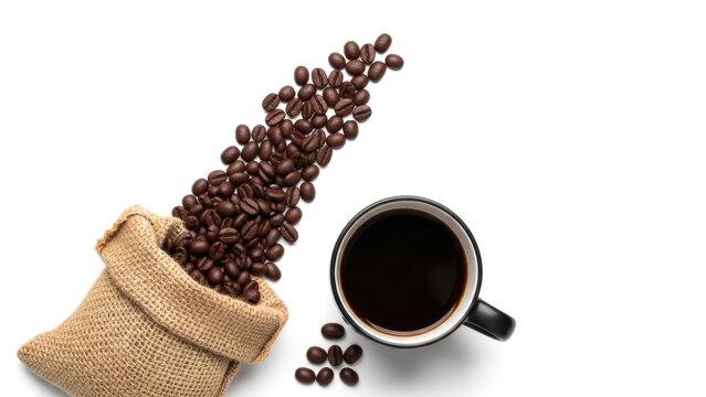 established black coffee mug with overflowing coffee beans spilling into a - Powered by Adobe