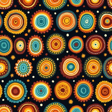Colorful african shweshwe pattern on black background. Fabric design with concentric circles, dots, stars in orange, yellow, blue, brown. Traditional south african textile print. Geometric shapes,