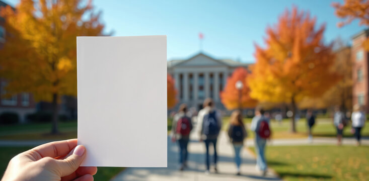 Hand holds blank flyer on campus. Students walk. Autumn foliage. Announcement template for event or university promotion. College life and marketing concept. Empty paper for message or ad.
