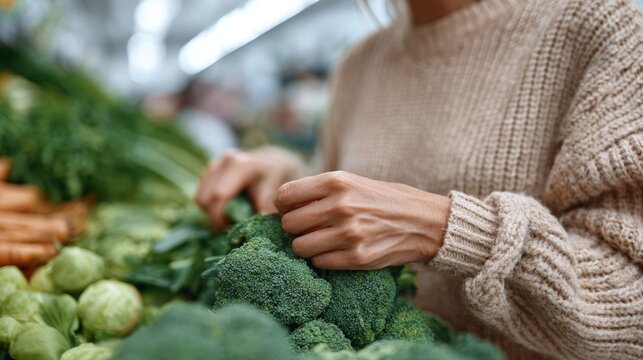 Woman shopping for broccoli at grocery store. - Powered by Adobe