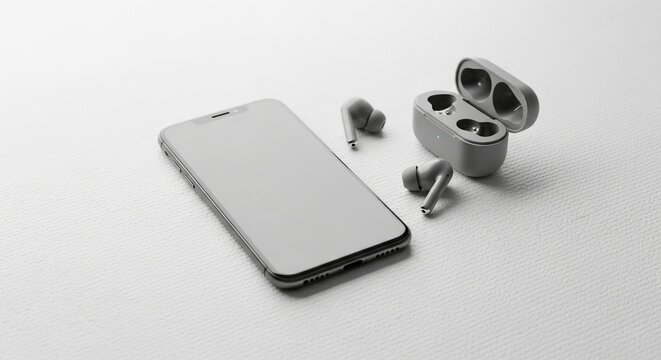 Minimalist smartphone and wireless earphones arranged neatly on white textured surface modern tech setup