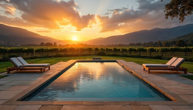 Rectangular pool reflects warm sunset glow over vineyard hills. Empty lounge chairs sit poolside on stone patio. Grass surrounds luxury estate, serene vacation setting.