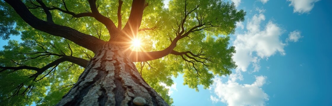 Large tree with green leaves decarbonization, carbon offset strategy. Sunlight through branches represents clean energy, sustainability, path to carbon neutrality on blue sky. Concept of - Powered by Adobe
