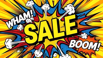 dynamic comic-style sale announcement with explosive visual effects and bold