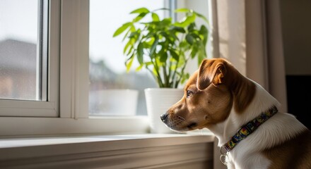 Little dog curiously peering out window bathed in warm sunlight homey plants soft background scene