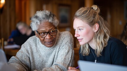 Older woman and younger woman using laptop together at table.