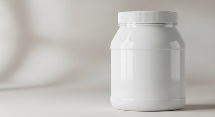 Large white plastic jar featuring secure screw lid positioned cleanly against soft neutral blurred background
