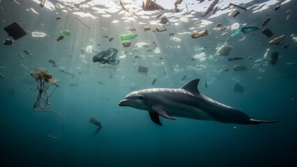 Obraz premium Unseen Depths of Marine Pollution Highlighted by a Curious dolphin Swimming