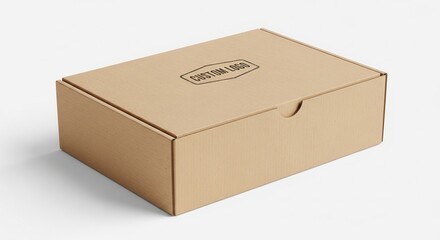 Custom logo stamped kraft paper box mockup presented perfectly isolated on smooth plain surface branding