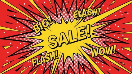 Dynamic comic book style advertisement promoting a huge sale event with bold