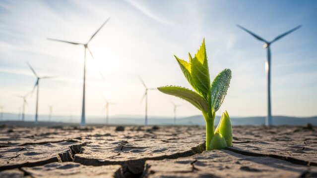 Renewable energy landscape featuring wind turbines and resilient plant growth