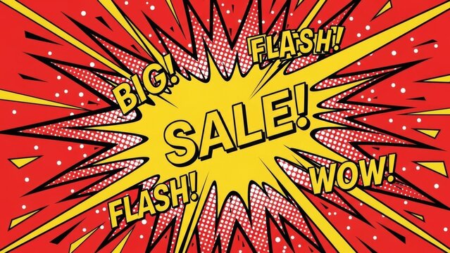 Dynamic comic book style advertisement promoting a huge sale event with bold