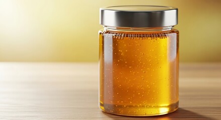Glass jar filled with golden honey secured tightly by metal lid against soft blurred natural background