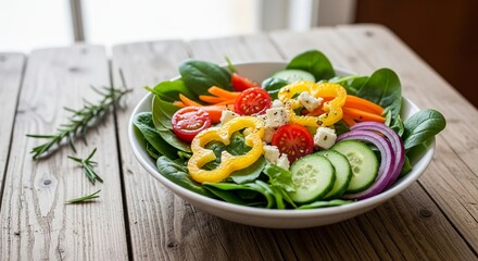 Fresh salad bowl overflowing with colorful crisp vegetables served on rustic wooden table healthy lifestyle