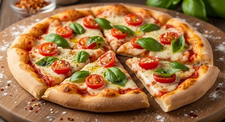 Freshly baked pizza served on wooden board topped with ripe tomatoes fresh basil and melted cheese delight